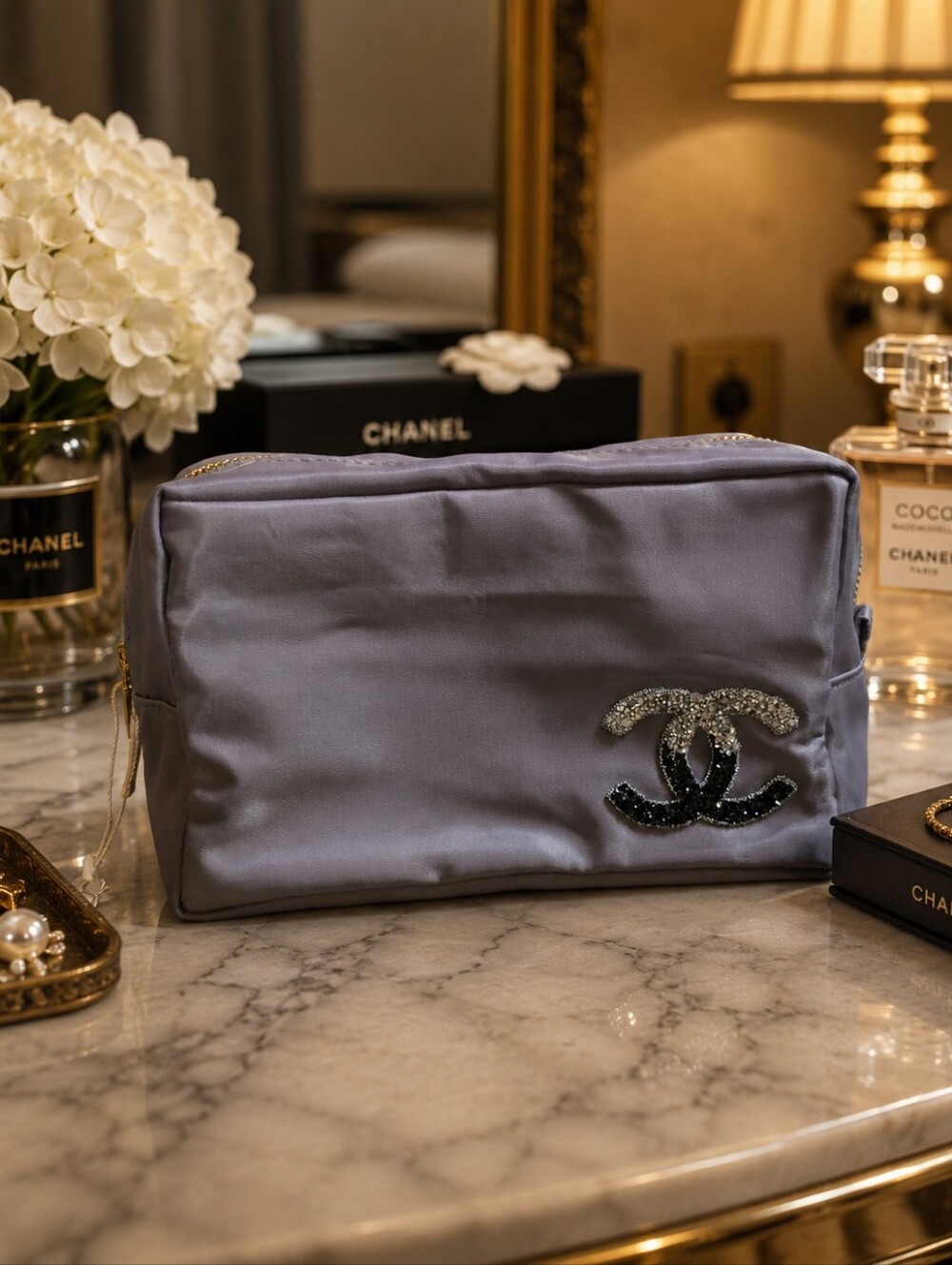 Custom Grey Cosmetic Pouch with CC Crystal Logo